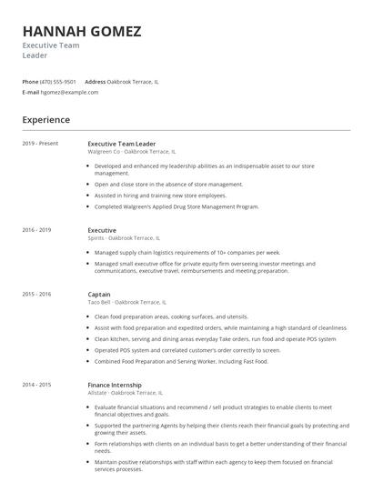 Executive Team Leader Resume
