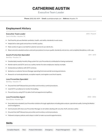 Executive Team Leader Resume