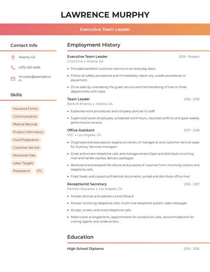 Executive Team Leader Resume