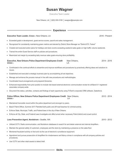 Executive Team Leader Resume