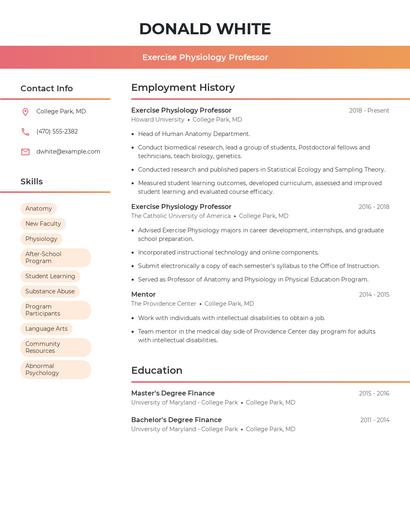 Exercise Physiology Professor Resume
