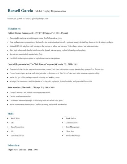Exhibit Display Representative Resume