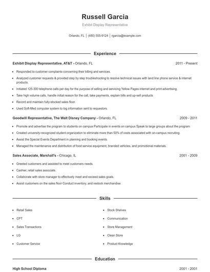 Exhibit Display Representative Resume