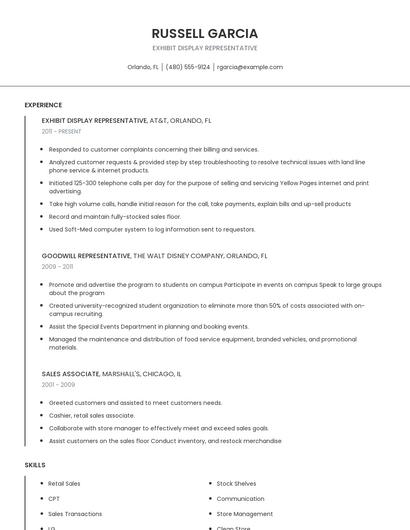 Exhibit Display Representative Resume