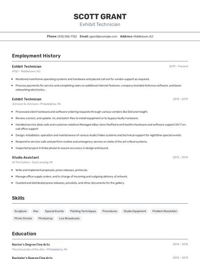 Exhibit Technician Resume
