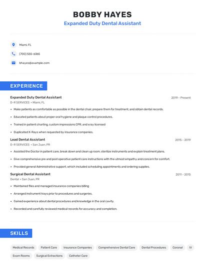 Expanded Duty Dental Assistant Resume