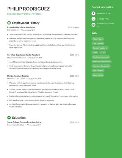 Expanded Duty Dental Assistant Resume