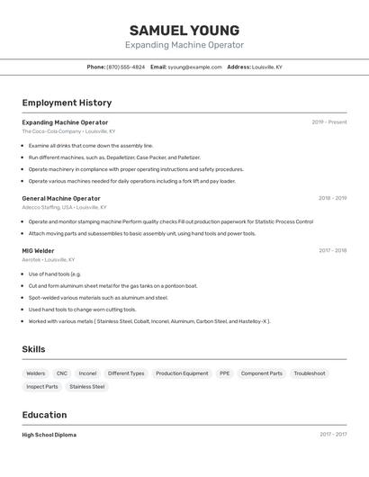 Expanding Machine Operator Resume