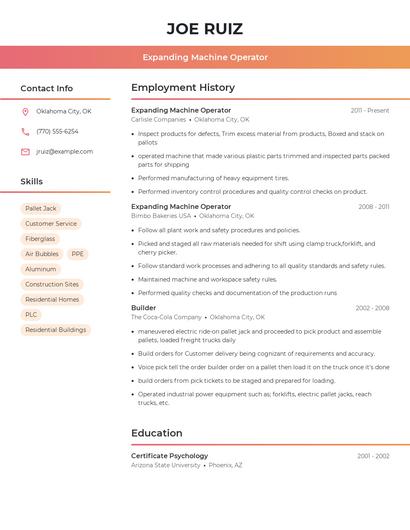Expanding Machine Operator Resume