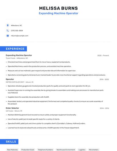 Expanding Machine Operator Resume