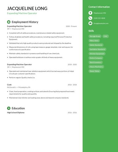 Expanding Machine Operator Resume