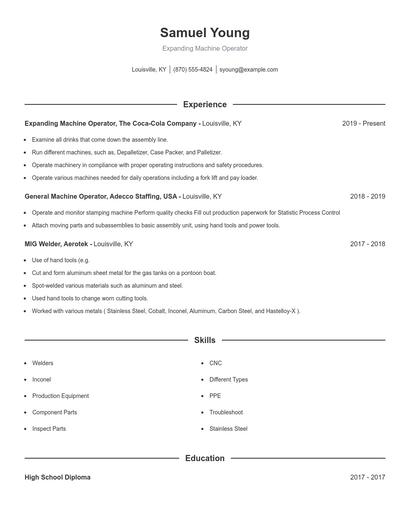 Expanding Machine Operator Resume
