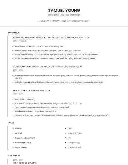 Expanding Machine Operator Resume