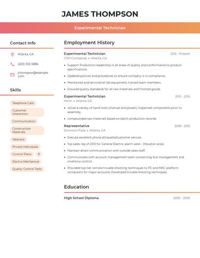 Experimental Technician Resume