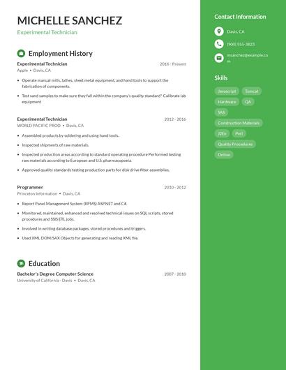 Experimental Technician Resume