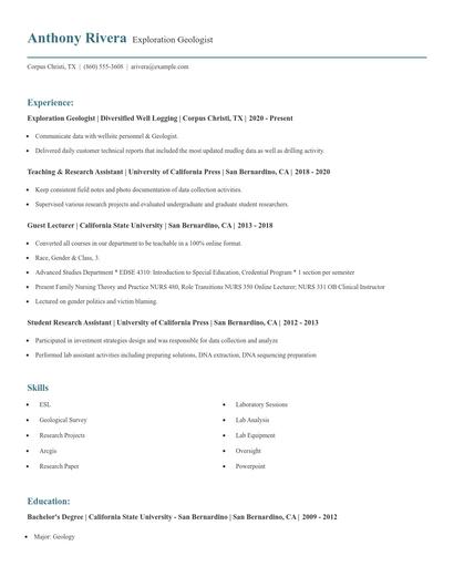 Exploration Geologist Resume