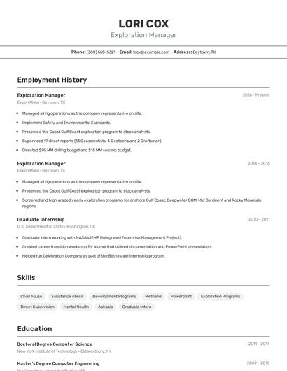 Exploration Manager Resume