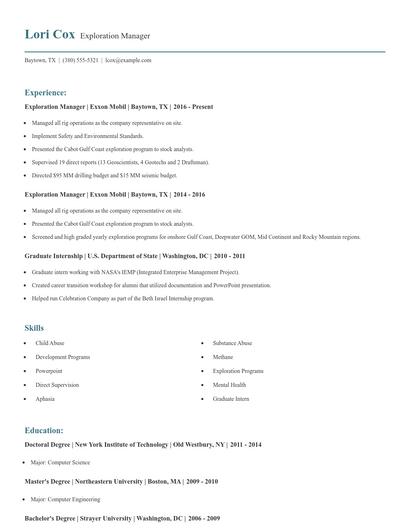 Exploration Manager Resume