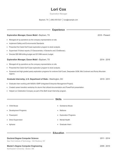 Exploration Manager Resume