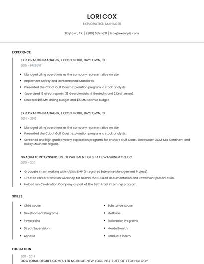 Exploration Manager Resume