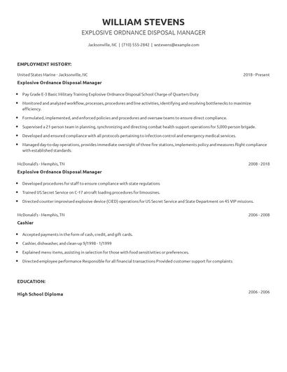 Explosive Ordnance Disposal Manager Resume