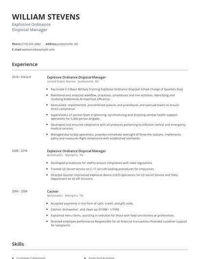 Explosive Ordnance Disposal Manager Resume