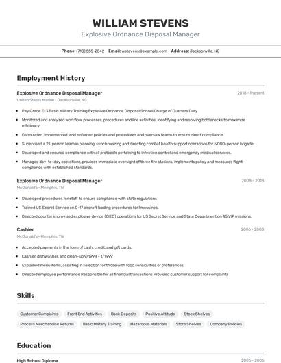 Explosive Ordnance Disposal Manager Resume