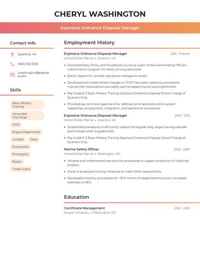 Explosive Ordnance Disposal Manager Resume