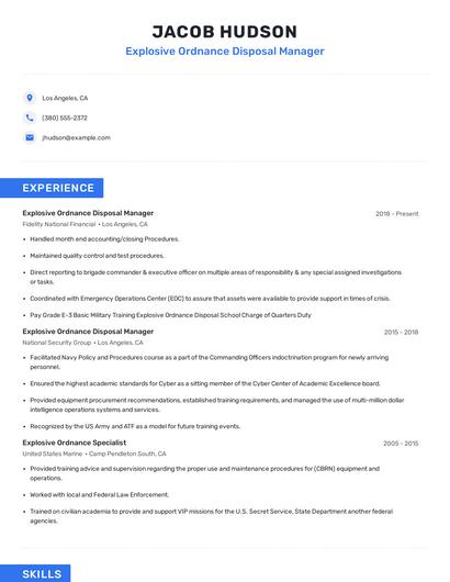 Explosive Ordnance Disposal Manager Resume