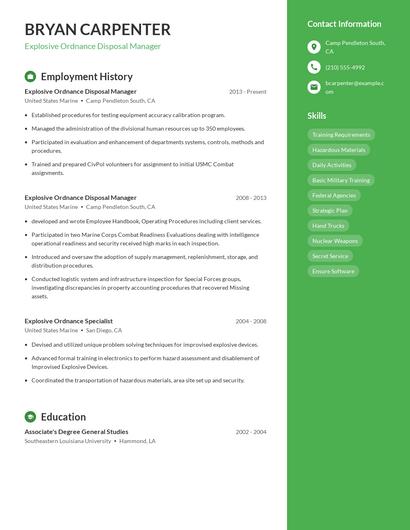 Explosive Ordnance Disposal Manager Resume