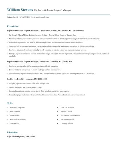 Explosive Ordnance Disposal Manager Resume