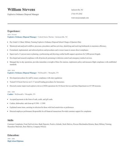Explosive Ordnance Disposal Manager Resume