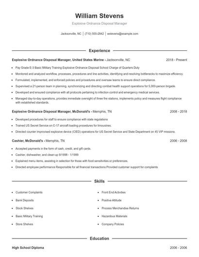 Explosive Ordnance Disposal Manager Resume