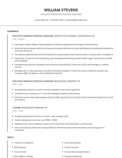 Explosive Ordnance Disposal Manager Resume
