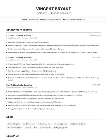 Explosive Ordnance Specialist Resume