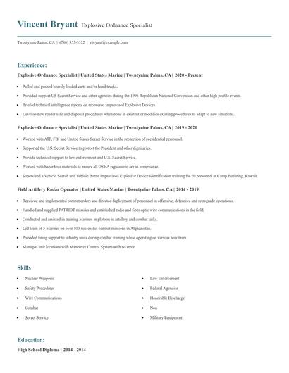 Explosive Ordnance Specialist Resume
