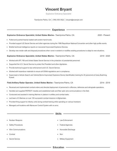 Explosive Ordnance Specialist Resume