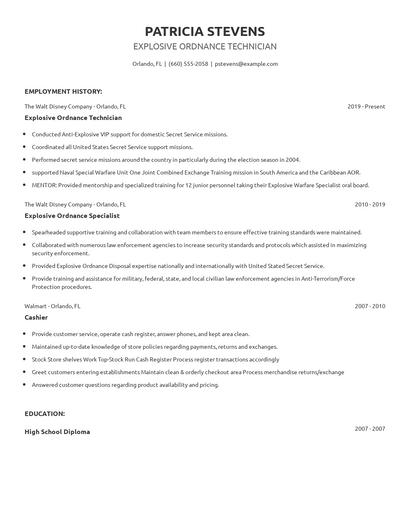 Explosive Ordnance Technician Resume