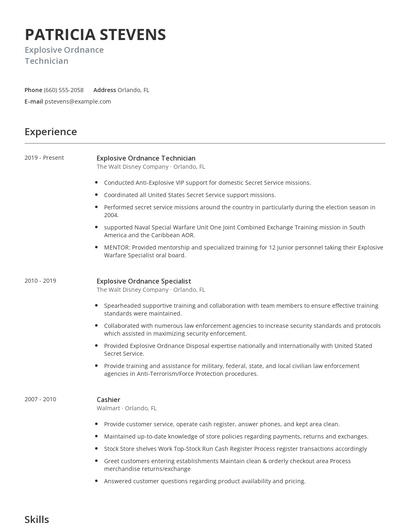 Explosive Ordnance Technician Resume