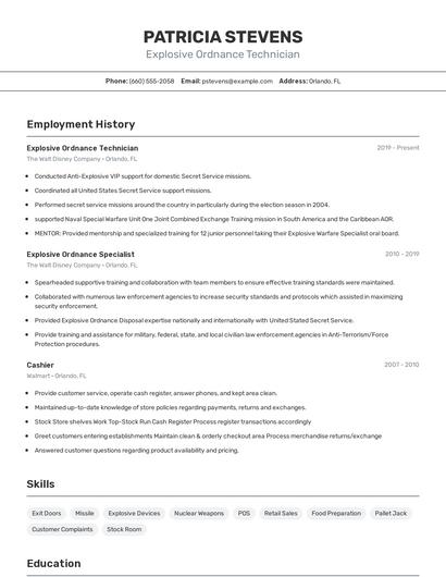Explosive Ordnance Technician Resume