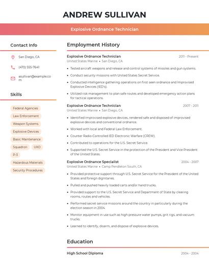 Explosive Ordnance Technician Resume