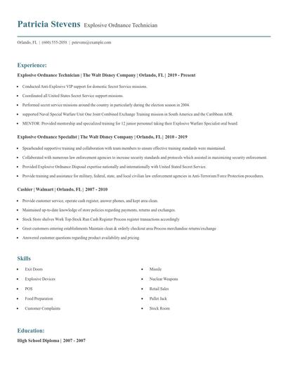 Explosive Ordnance Technician Resume