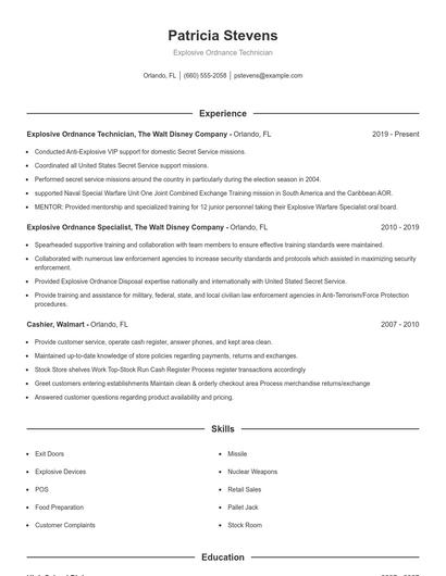 Explosive Ordnance Technician Resume