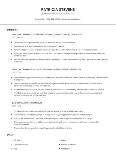 Explosive Ordnance Technician Resume