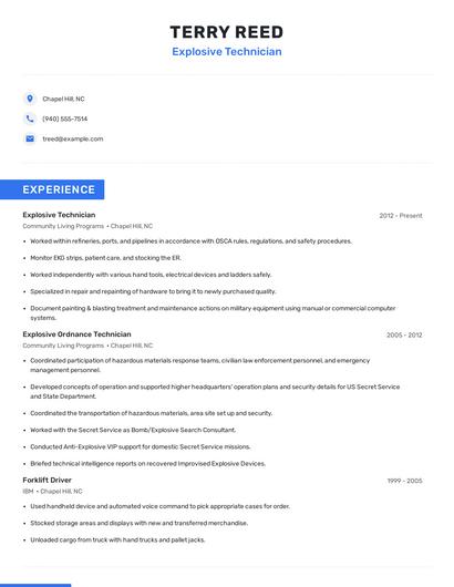 Explosive Technician Resume