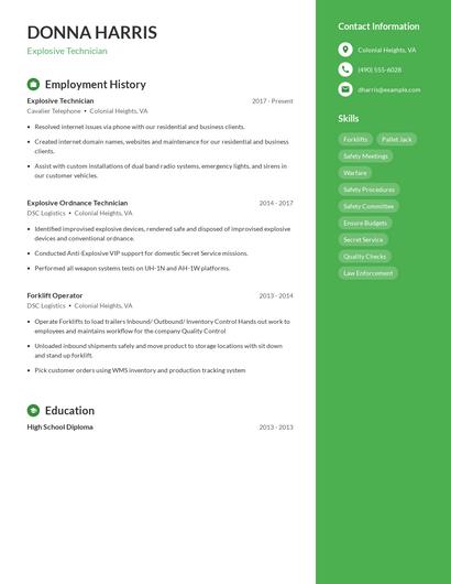 Explosive Technician Resume