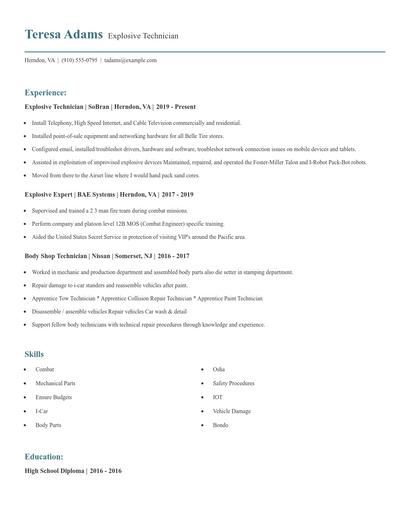 Explosive Technician Resume