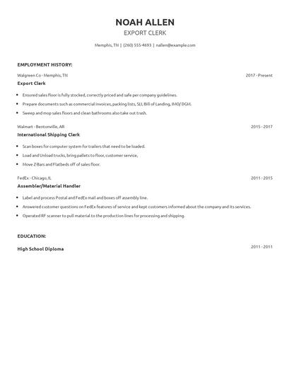 Export Clerk Resume
