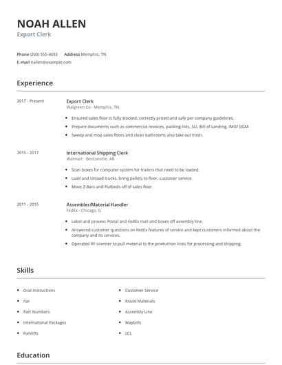 Export Clerk Resume
