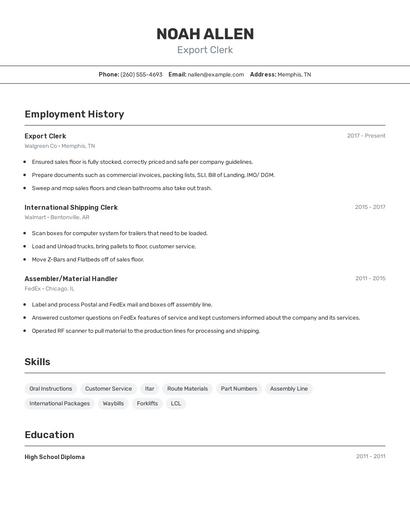 Export Clerk Resume